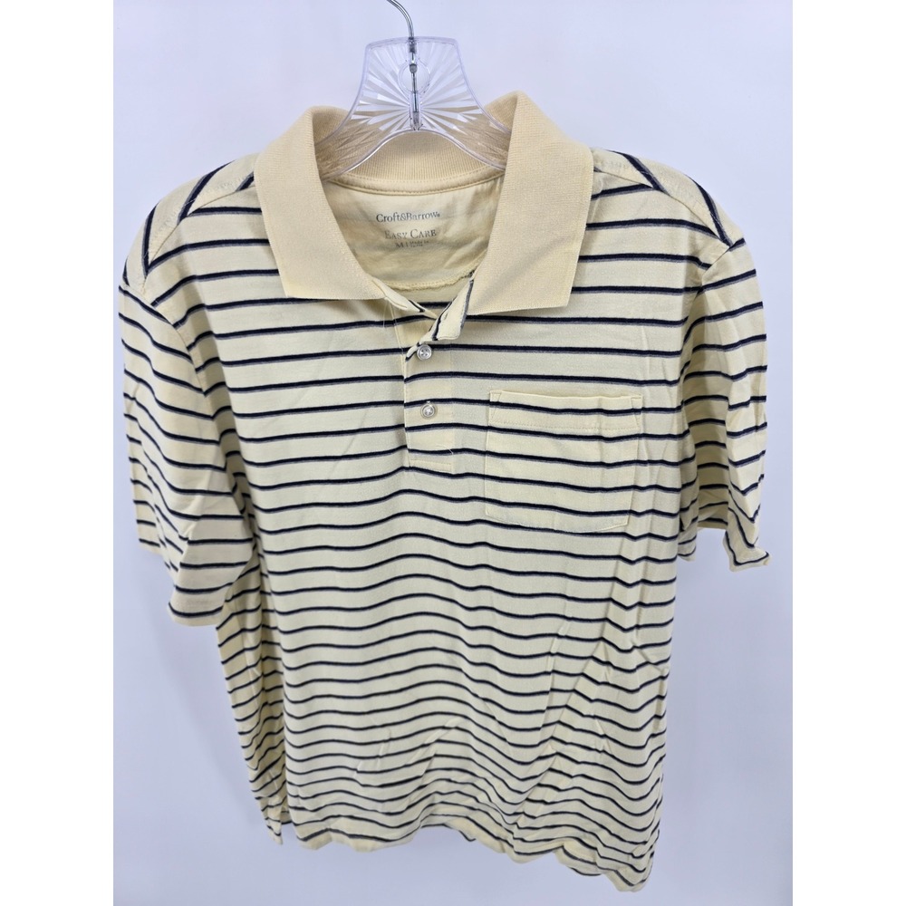 Croft & Barrow Mens Easy Care Striped Polo Shirt Yellow Navy Blue Size M Pocket